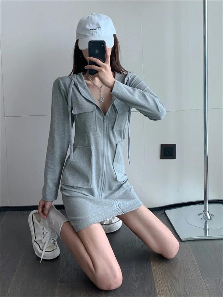 High Waist A-Line ort Skirt Dr Women's Long Sve Spor Sweet And Sal Sle Zipper Hooded Dr Korean Sle Commute