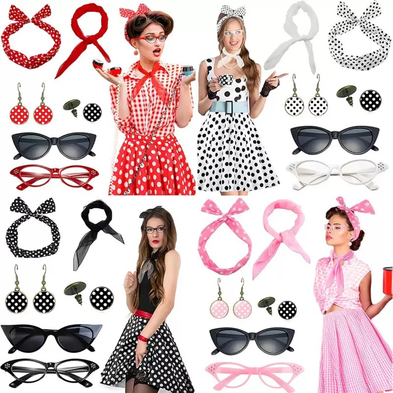 

1950s Retro Party Cosplay Womens Costume Glasses Scarf 50S Polka Dot Hair Band Earrings Earrings Accessory Halloween Fancy Dress