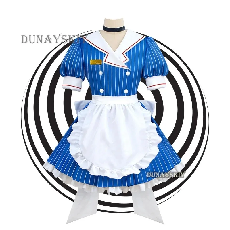 2025 YiyiCosplay Kostum Wig Mikuuuu Hypnotist Cosplay Biru Bergaris Lolita Pembantu Gaun Pesta Halloween Virtual Seragam Setelan
