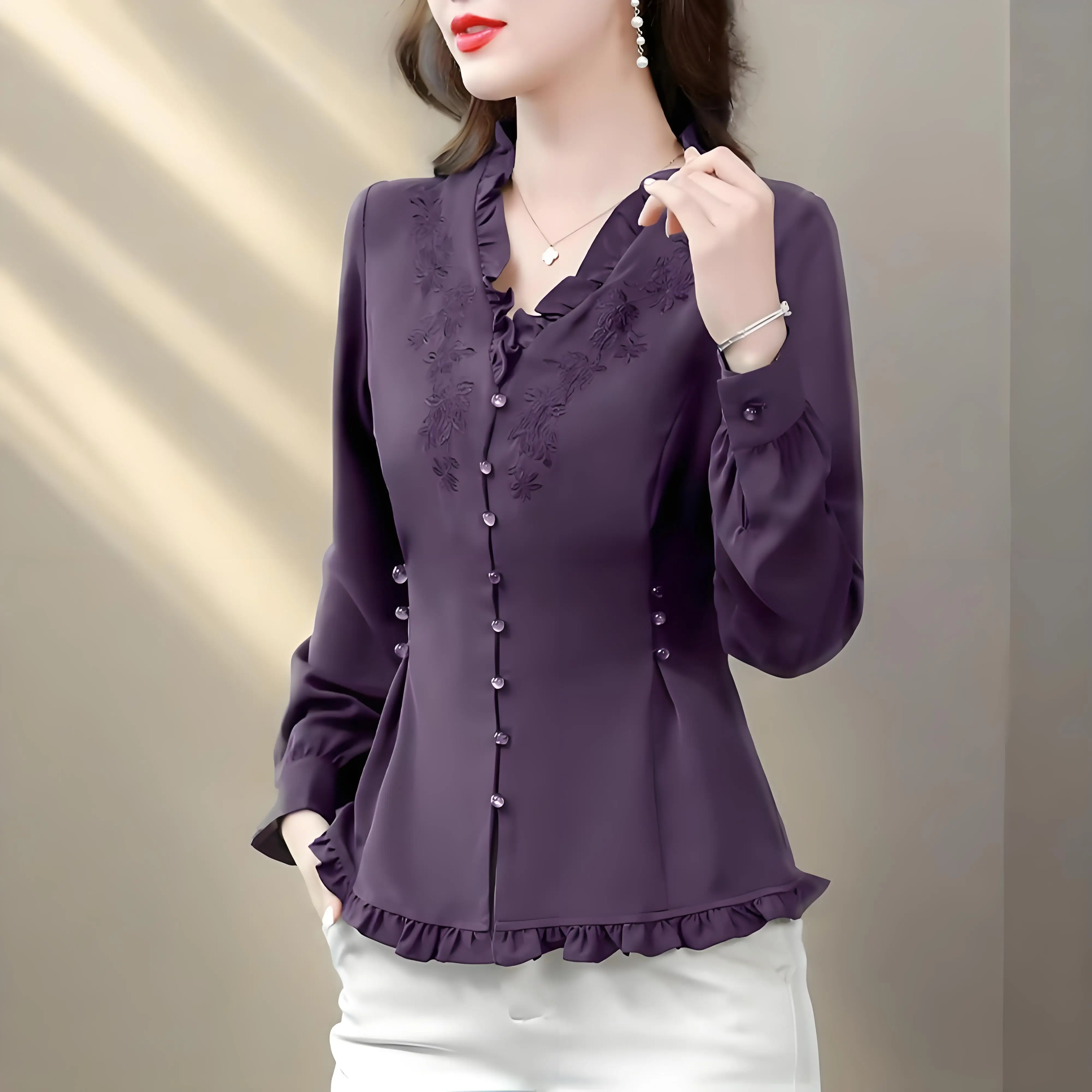 

Модная женская шелковая блузка с длинным рукавом, 2025 г., элегантные рубашки с оборками и вышивкой из бисера, тонкая талия для женщин, офисные женские базовые топы