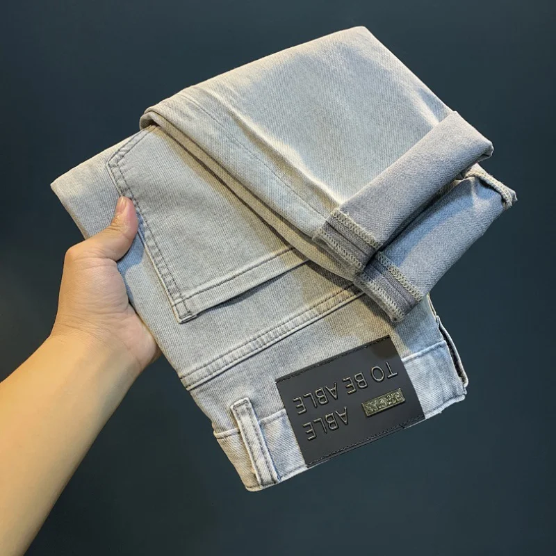 Summer Gray Thin Jeans Men's Trendy All-Matching Embroidered Pencil Pants Casual High-End All-Match Light Luxury Stretch Pants