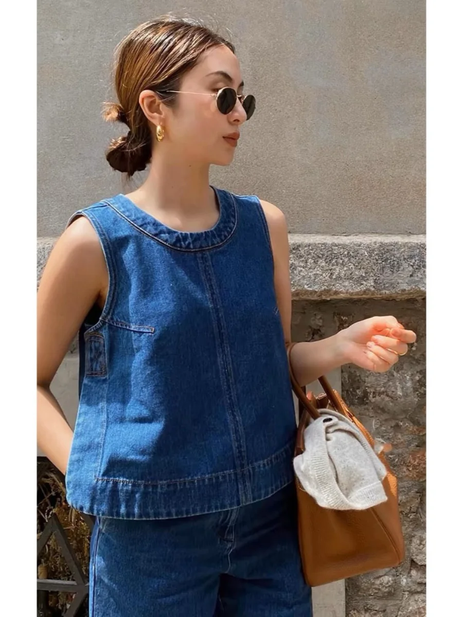 Korean Style Women\' Summer Blue Denim Vest And High Waist Leg Pants Two Pieces Set Female Casual Loose Clothing X1430