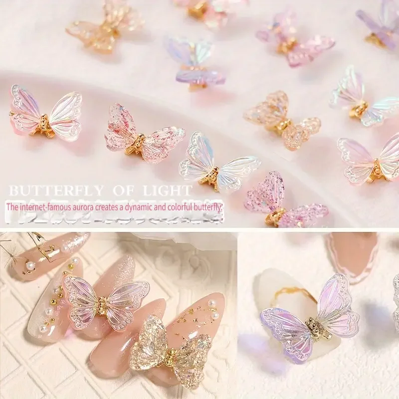 3Dダイナミックバタフライネイルアクセサリー3点セット、輝くINS風オーロラバタフライアクセサリー、50個のマルチカラー混合新作リボン