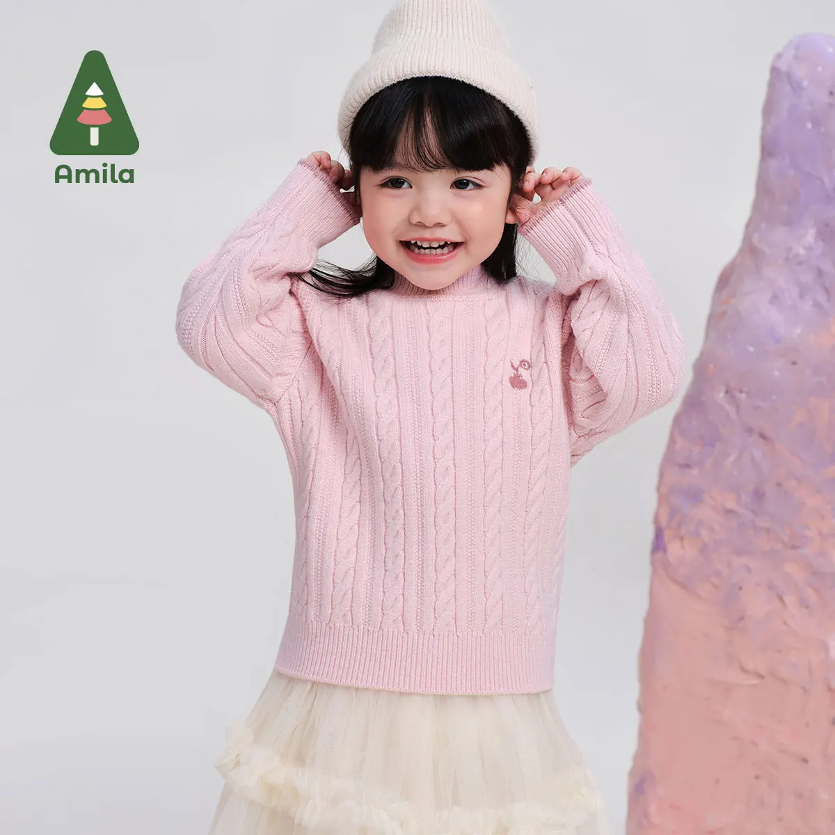 Amila Baby Sweater 2024 Winter New Style For Girls Warm Skin-Friendly Solid Color Sweet Round Neck Versatile Children’s Pullover