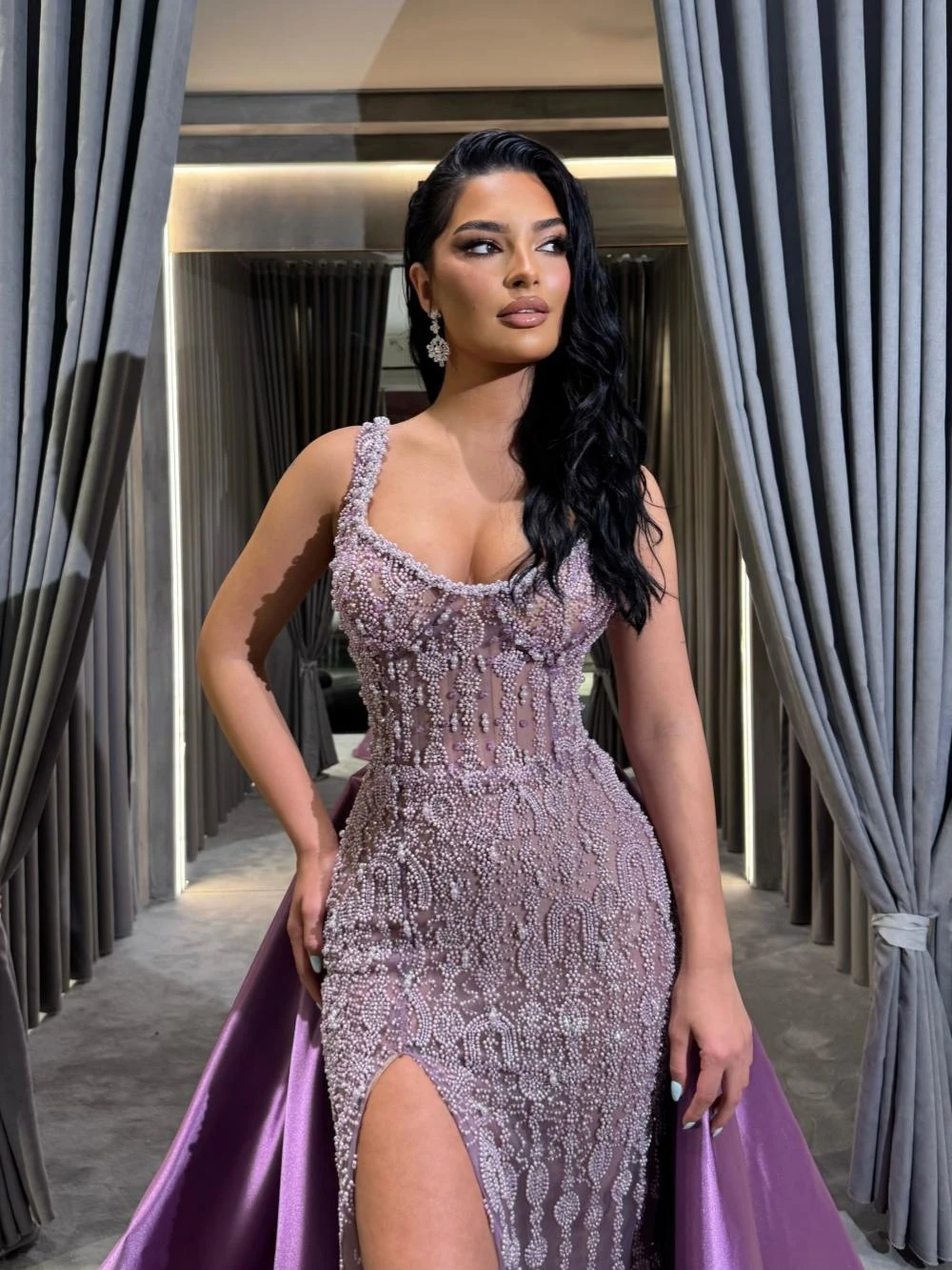 Detachable Train Luxury Pearls Evening Dress Illusion Beaded Straight Long Wedding Party Gown Customized Sleeveless Prom Dresses