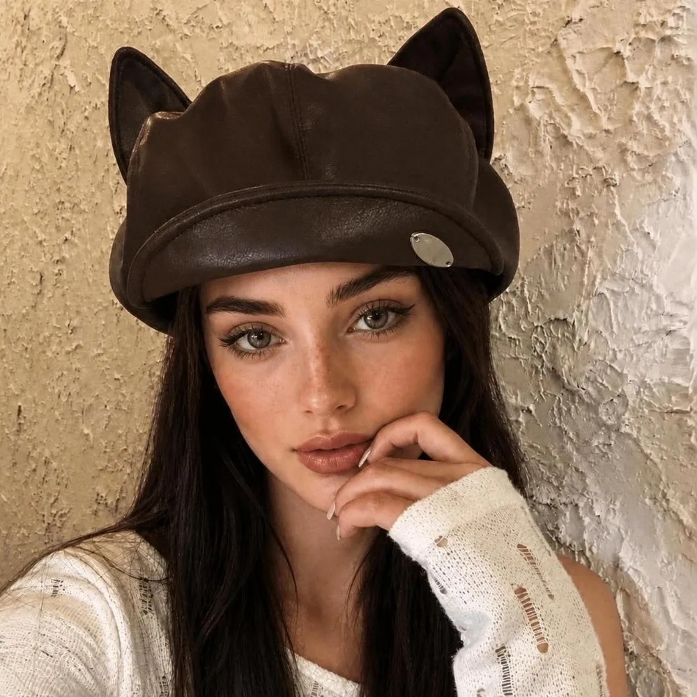 Elegant PU Leather Cat Ear Beret Black/Coffee Retro Style Leather Beret Hat Cute Ear Design Peaked Cap Autumn Winter