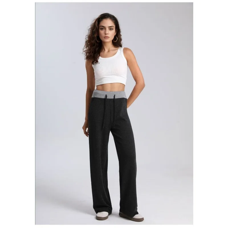 Lazy and Relaxed High-waisted Color-blocked Casual Pants Women Comfortable Glutinous Rice Pants Loose Drapey Floor-length Pants