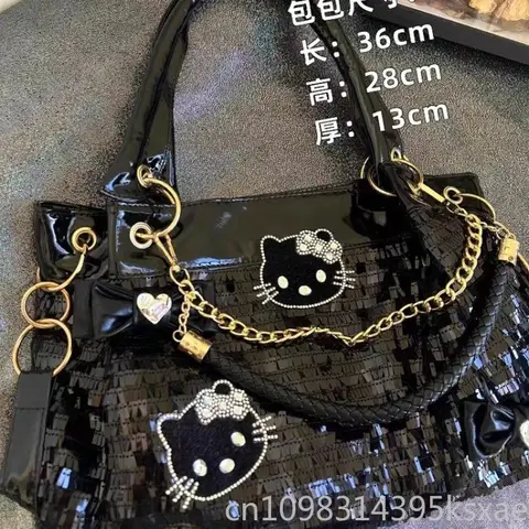 Sanrio Hello Kitty axelväska för kvinna flicka svart söt lyxig designerhandväska stor kapacitet PU-läderväska kawaii tecknad film 8 best sales svart Hello Kitty-väska - №6