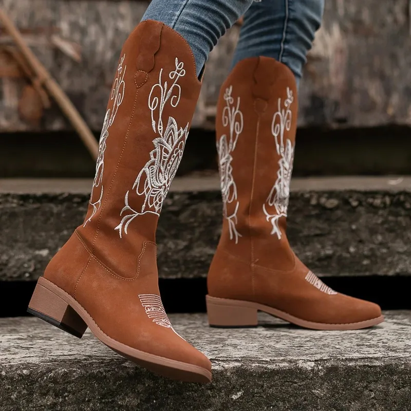

Autumn Pointed Toe Cowboy Boots Women Retro Embroidery Western Boots for Women Suede Thigh High Boots Platform Shoes for Women