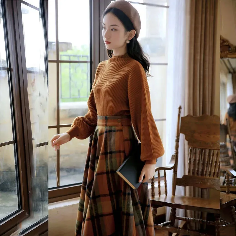 New Autumn Winter Women's Skirt Suit Loose Pullover Knitted Sweater With Plaid Skirts Two-Piece Suits Female Casual Skirts Sets