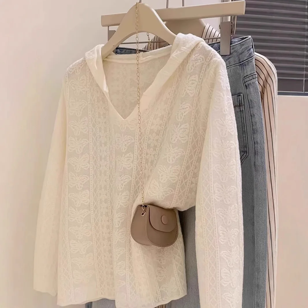 

Women Knitted Pullovers Sweaters Solid Jumpers Crochet Cut Out Hooded Long Sleeves Slight Strech Loose Casual Office 2026 Spring
