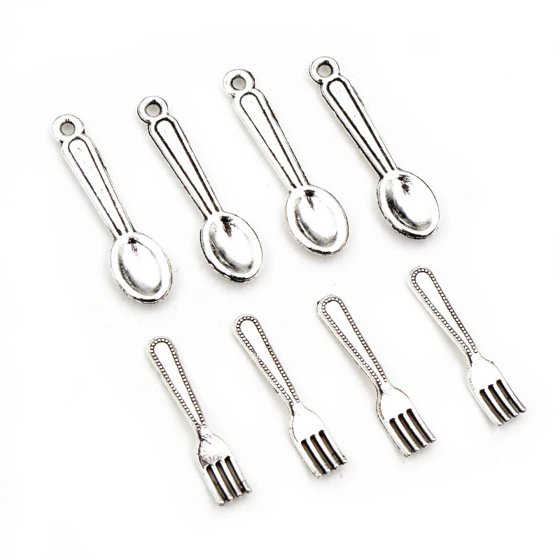 50pcs Spoon Fork Dining Charms Small Antique Silver Plated Tableware Pendants Charms DIY Jewelry Making Accessories Findings