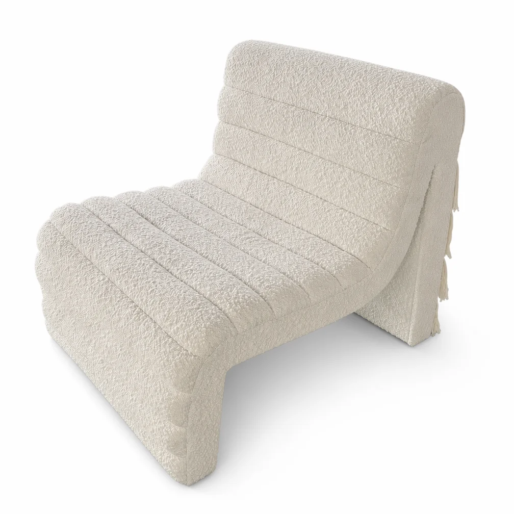 &Sophisticated White Boucle Lounge Chair With Cascading Tassel Fringe Back Sculptural Designer Furniture for Luxury Suite