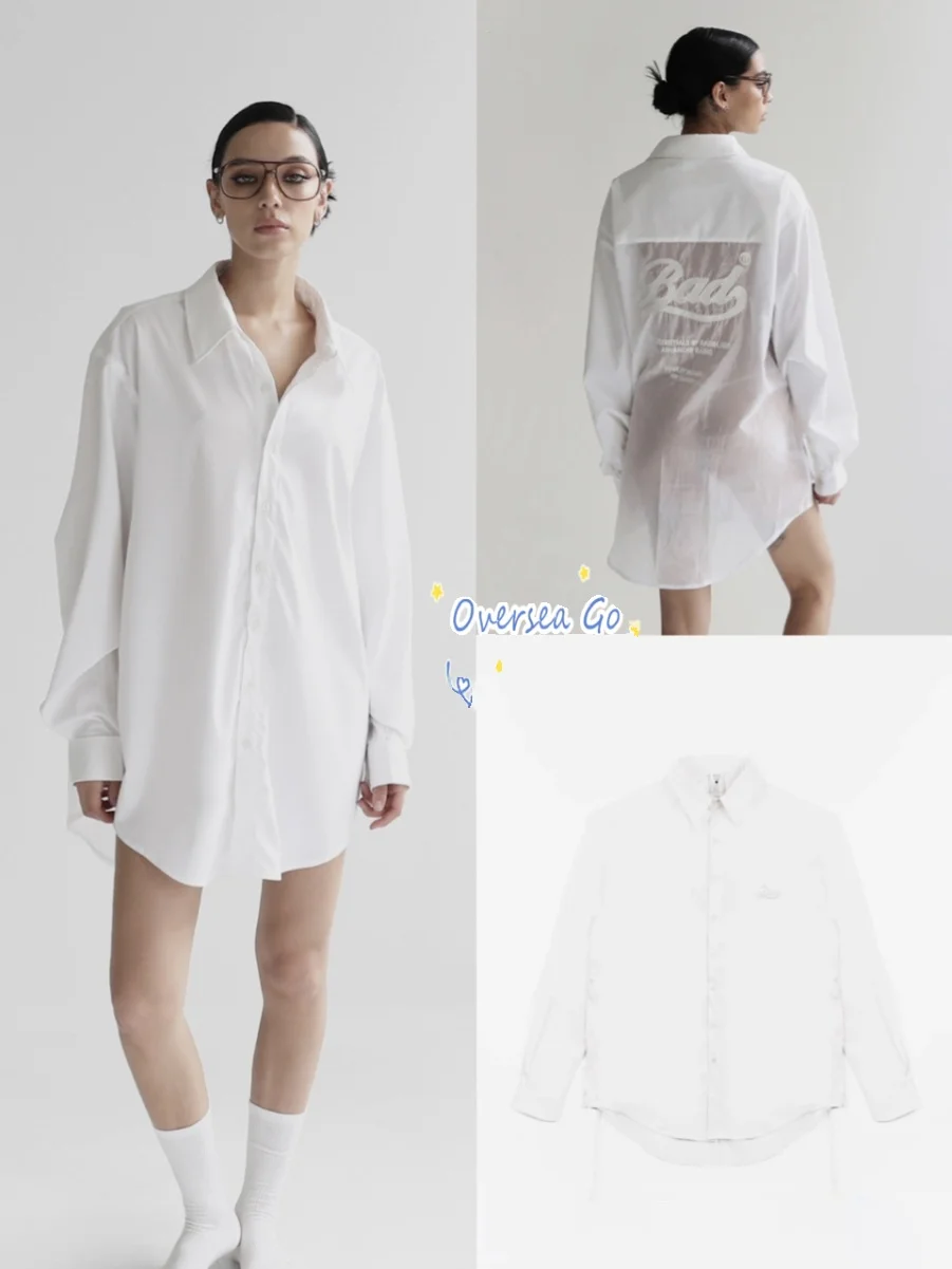 

Sexy Loose Long Sve Embroidered Logo Casual Loose See-tough Sun Protection irt Cotton Blend Button-up Pure Color