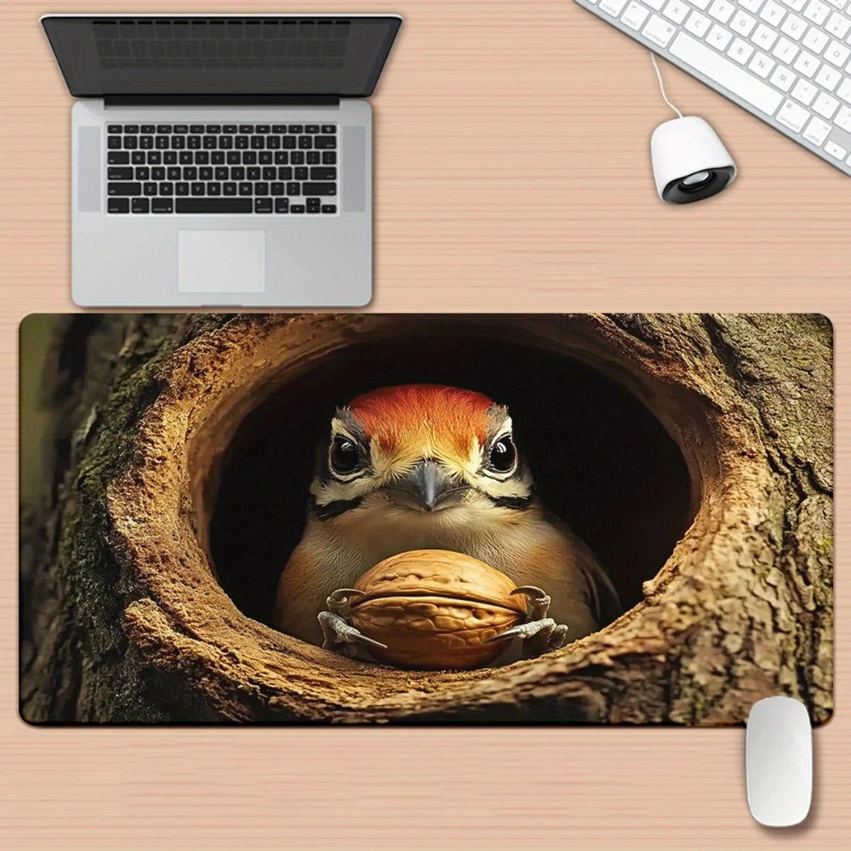 1pc Woodpecker in Tree Hole Design Mouse Pad - Non-Slip Rubber Base Gaming & Office Desk Mat with Vivid Nature Artwork, Durable