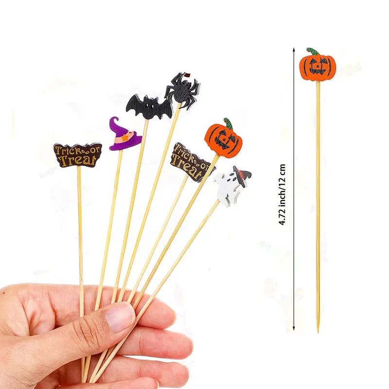 120Pcs Halloween Cocktail Picks Pumpkin Spider Ghost Bamboo Appetizer Toothpicks Dessert Sticks for Cake Food Party Decoration