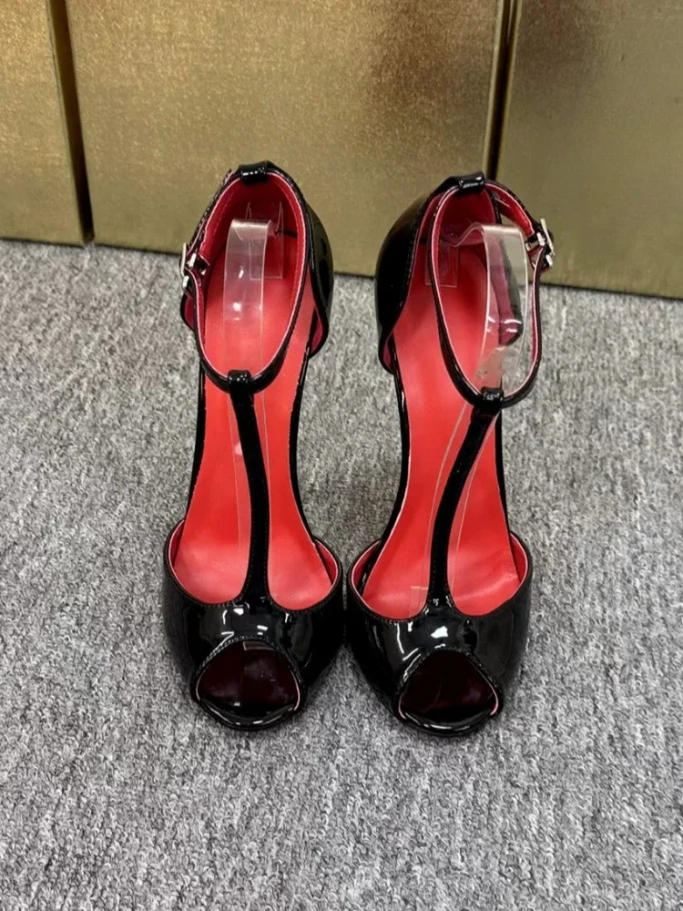 New fashionable and sexy fish mouth T-shaped lace up 12cm high-heeled patent leather hollow out fine heel leopard print sandals