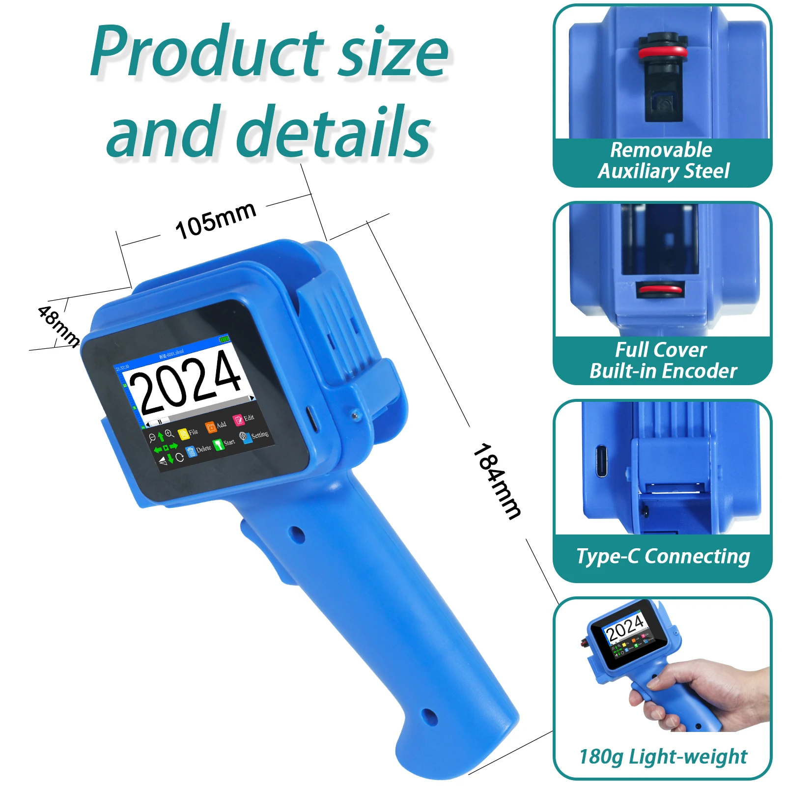 Mini impressora a jato de tinta portátil com tinta de secagem rápida, codificador portátil para texto, código de barras QR, número do lote,