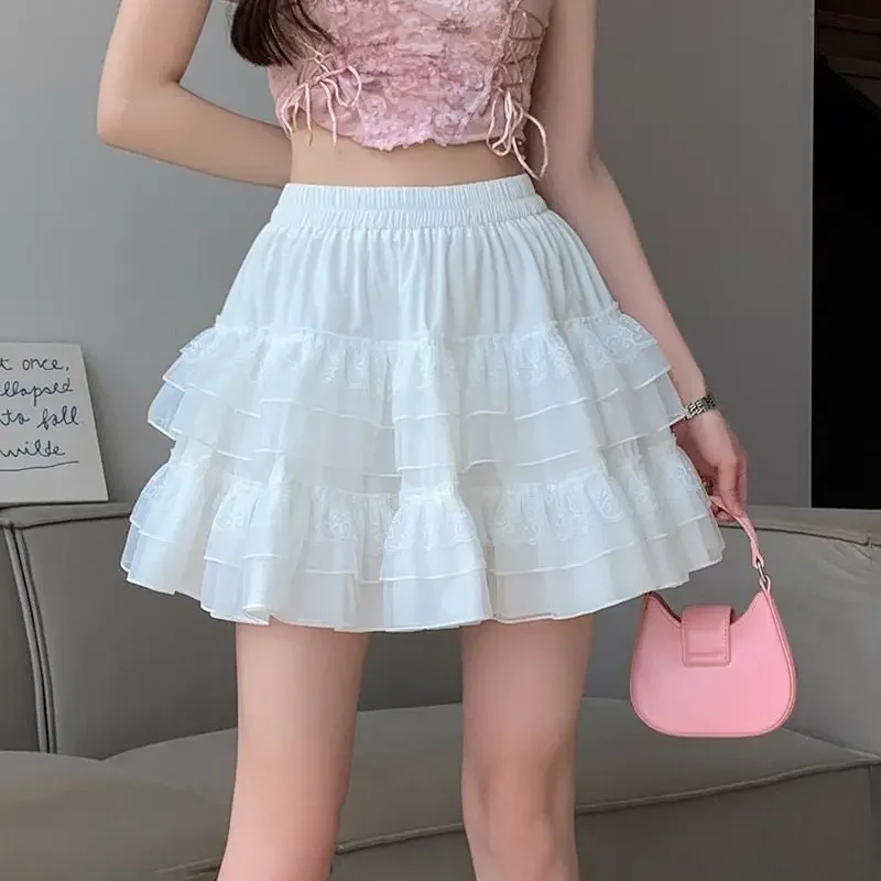 Cake Mesh Pleated Women's Skirt Elasticity High Waist A- Shaped Slim Lace Skirt Lady Summer 2024 New Small Waist Femme Y2k