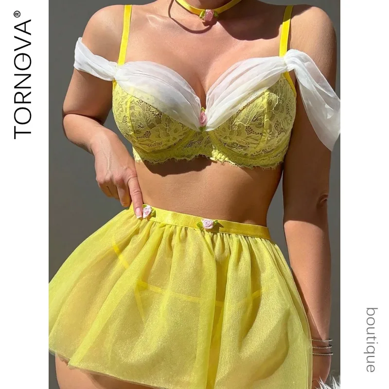 

Tornova Mesh Floral Sexy Night Skirt Underwear Set Skinny High Waisted Plunge Patchwork Leisure Women InterestingNight Skirt Set