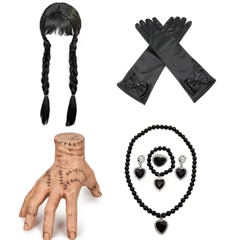 

Movie Wednesday Gomez Addams Cosplay Suit Wig jewelry glovesfor Women Girls Halloween Party Cosplay Carnival Hairstyle
