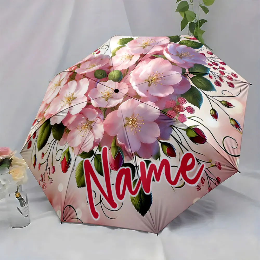 Custom Name Umbrella Floral Umbrella with Elegant Blooms Design Print 8 Iron Ribs Folding Umbrella Auto-Open Fashion Sunshade