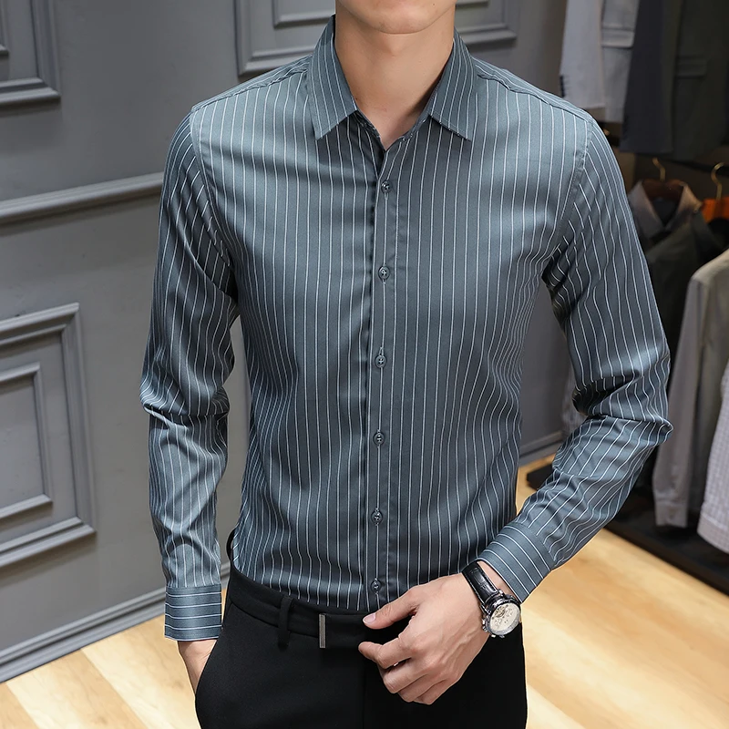 

2024 Spring Autumn Striped Korean Fashion Drape Smooth Slim Fit Men Casual Dress Shirts Long Sleeve Button Male Blouses E36