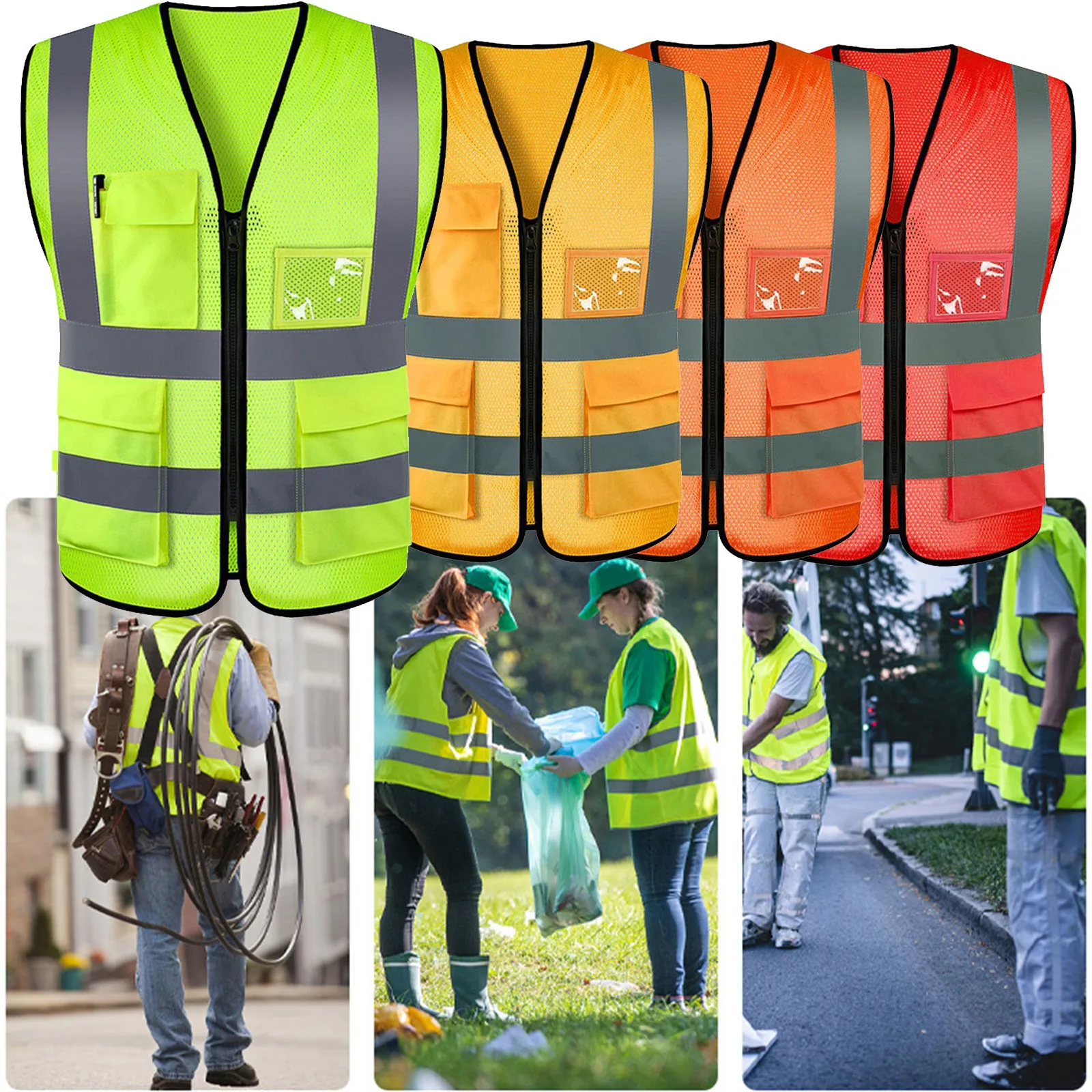 Mesh Safety Vest For Men Reflective Vest Motorcycle Multi Pockets Construction Vest Orange Black Safety Vest