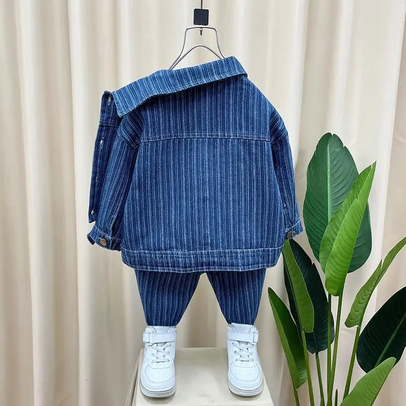 spring autmn boys set kids Denim jacket suit + pants 2pcs fashion striped outdoor clothes baby coat