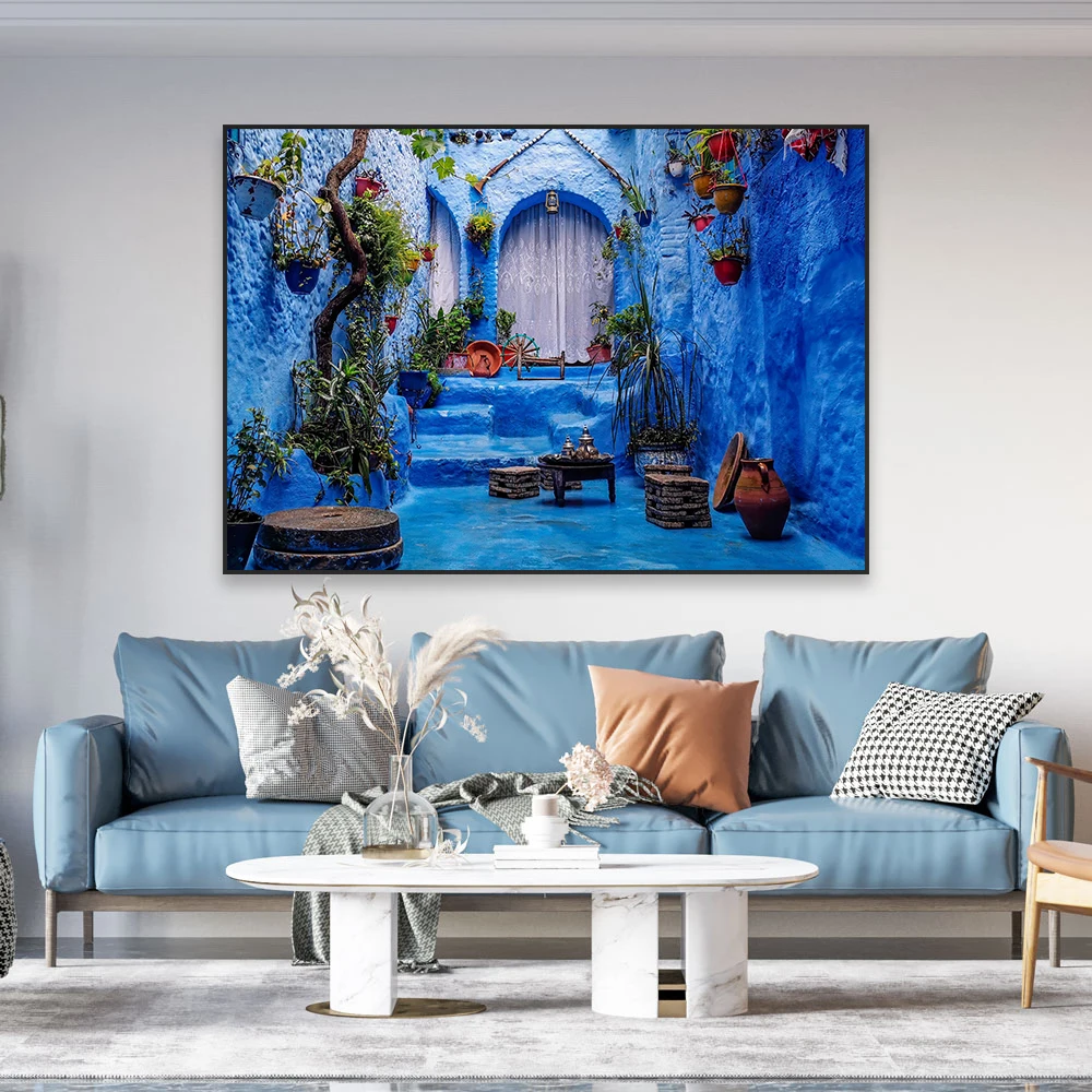 Chefchaouen Blue City Poster Modern Morocco Travel Poster Boho Blue Art Print Landscape Wall Art