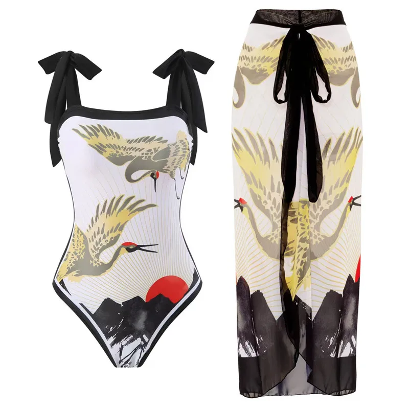 New Vintage European and American Foreign Trade Swimwear Conservative One Piece Hot Spring Swimwear Set Women's Chiffon Cover Up