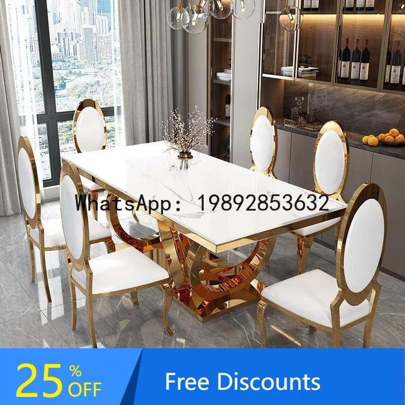 

CZ Italian Style Marble Dining Table and Chair Set Rectangular Apartment Postmodern Minimalist Stainless Steel Dining Table
