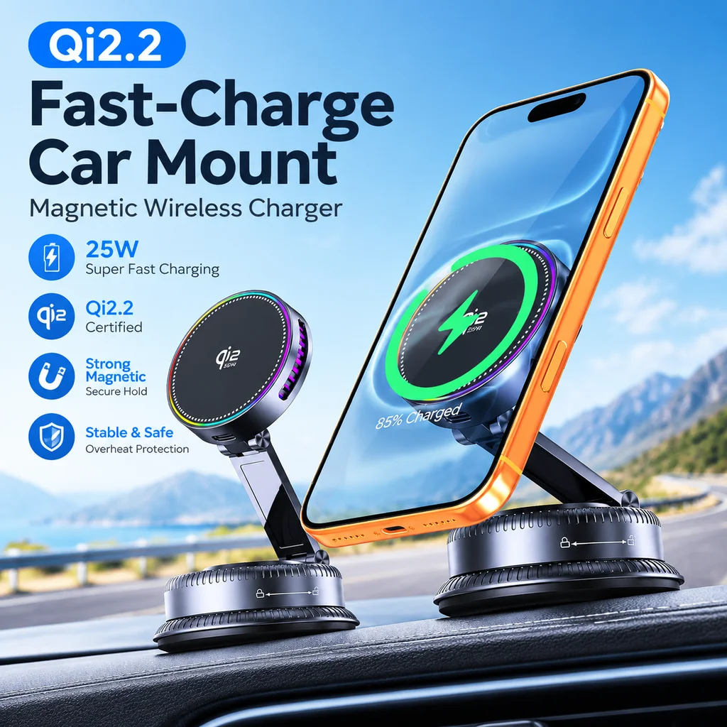 QI2.2 25W Wireless Charger 360 Degree Rotatable Vacum Car Holder Magnetic Car Mount Vacuum Phone Holder for iPhone 17 Pro Max