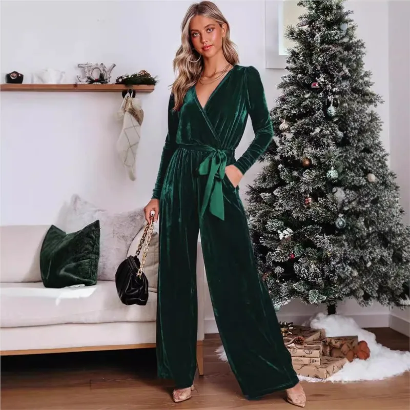 Women's Spring and Autumn New Fashion Slim-fit Romper V-neck Long Sleeve Lace-up Elegant Straight-leg Long Pants Jumpsuit Y2k