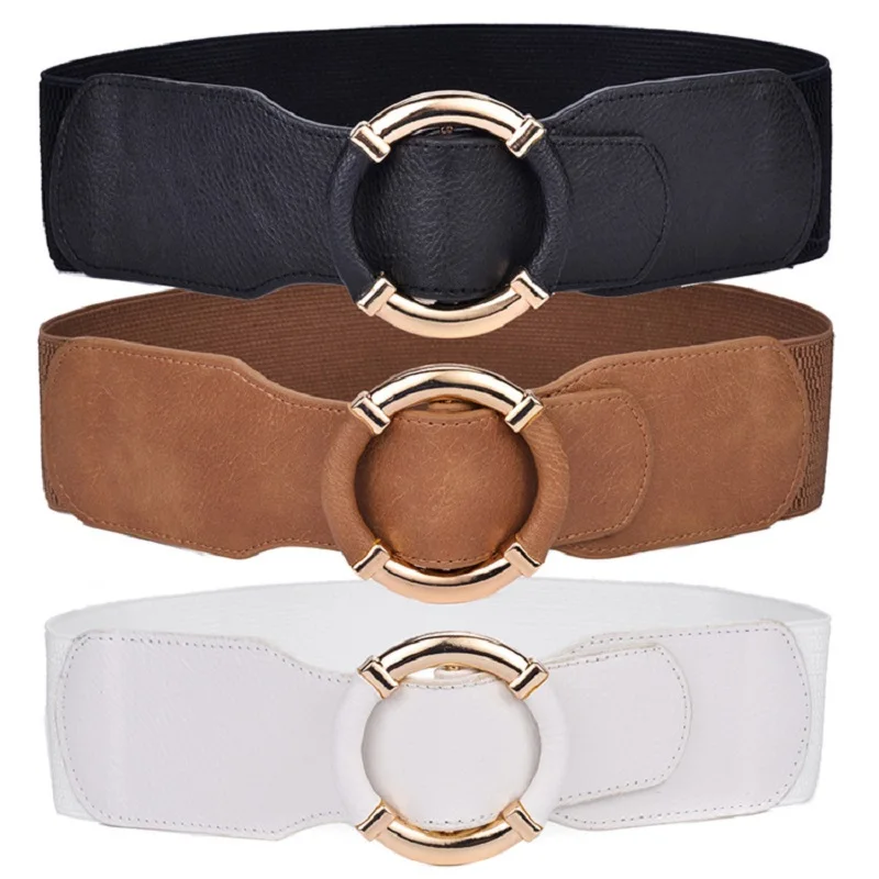 Women\'s elastic belt Corset Women Waist Belts Trend Gold Circle Buckle Waistband High Quality Stretch Wide Black Belt DT072