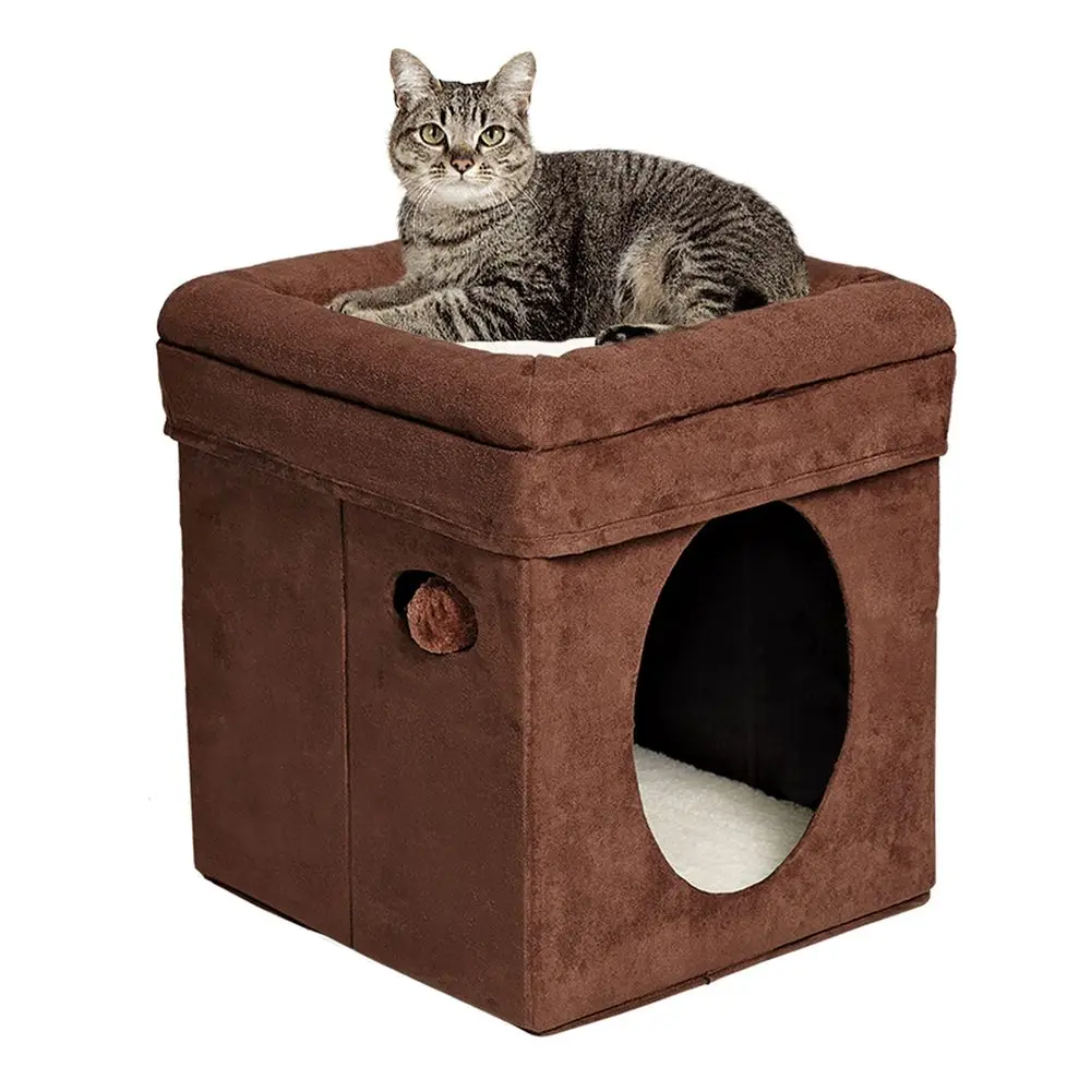 

Куб-лежанка Feline Nuvo Curious Cat Cube, складное убежище для питомцев с игрушкой, усиленное основание, коричневая искусственная замша, искусственная овчина