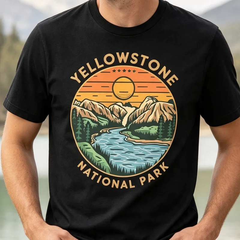 Yellowstone National Park T Shirt Vintage Circle Mountain River Retro Outdoor Camping Print  Casual Cotton Short Sleeve Tee
