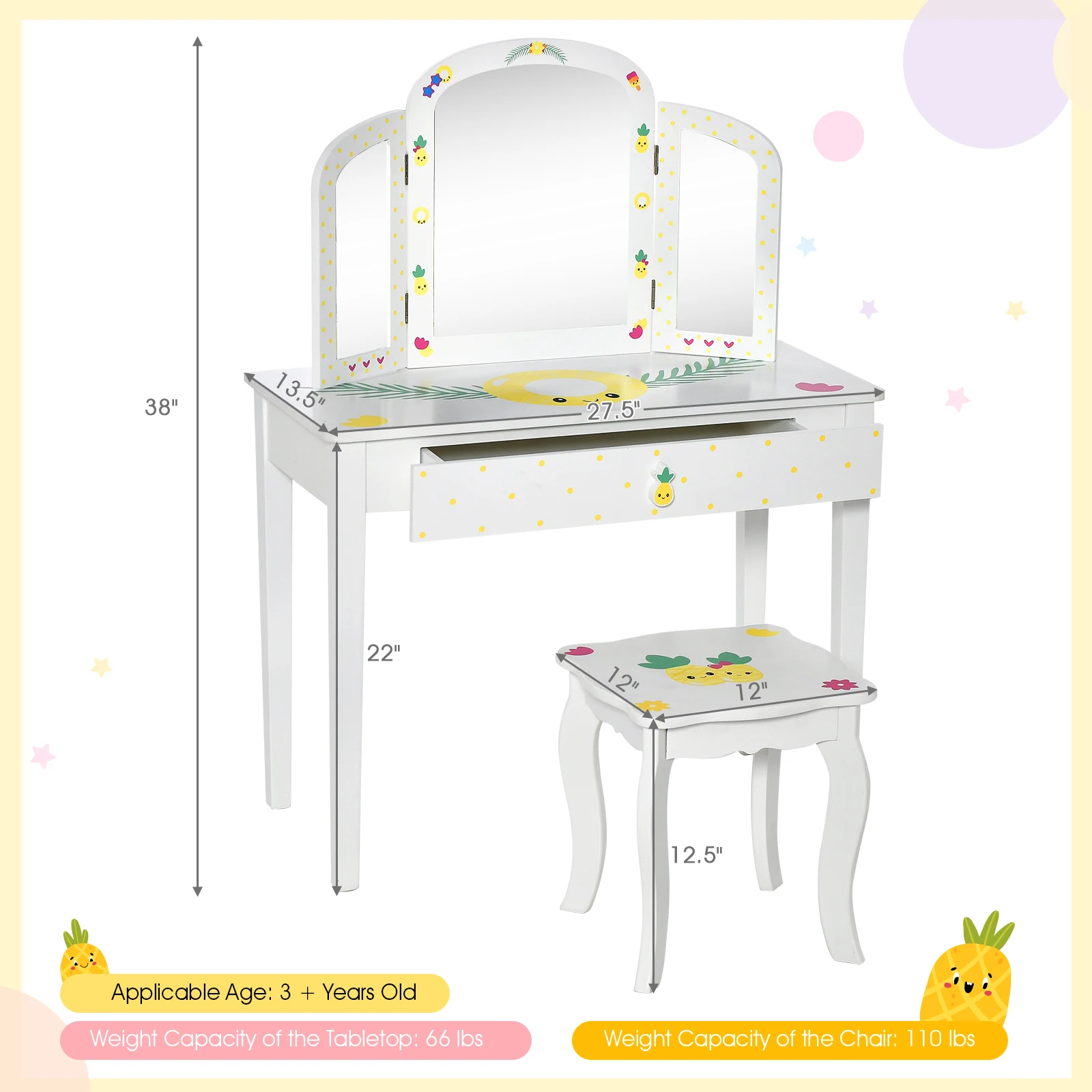 Kids Vanity Table Set Tri-Folding Mirror Pretend Play Dressing Large Drawer