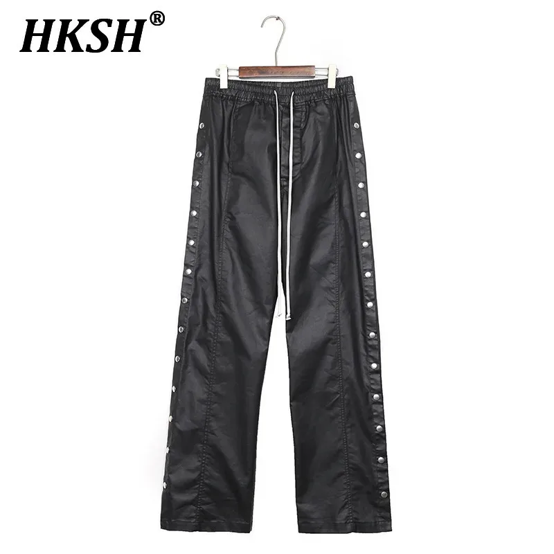 HKSH Men's Tide Niche Design Dark Coating Wax Face Straight Wide Leg Buckle Denim Loose Casual Pants Punk Fashion Jeans HK0041