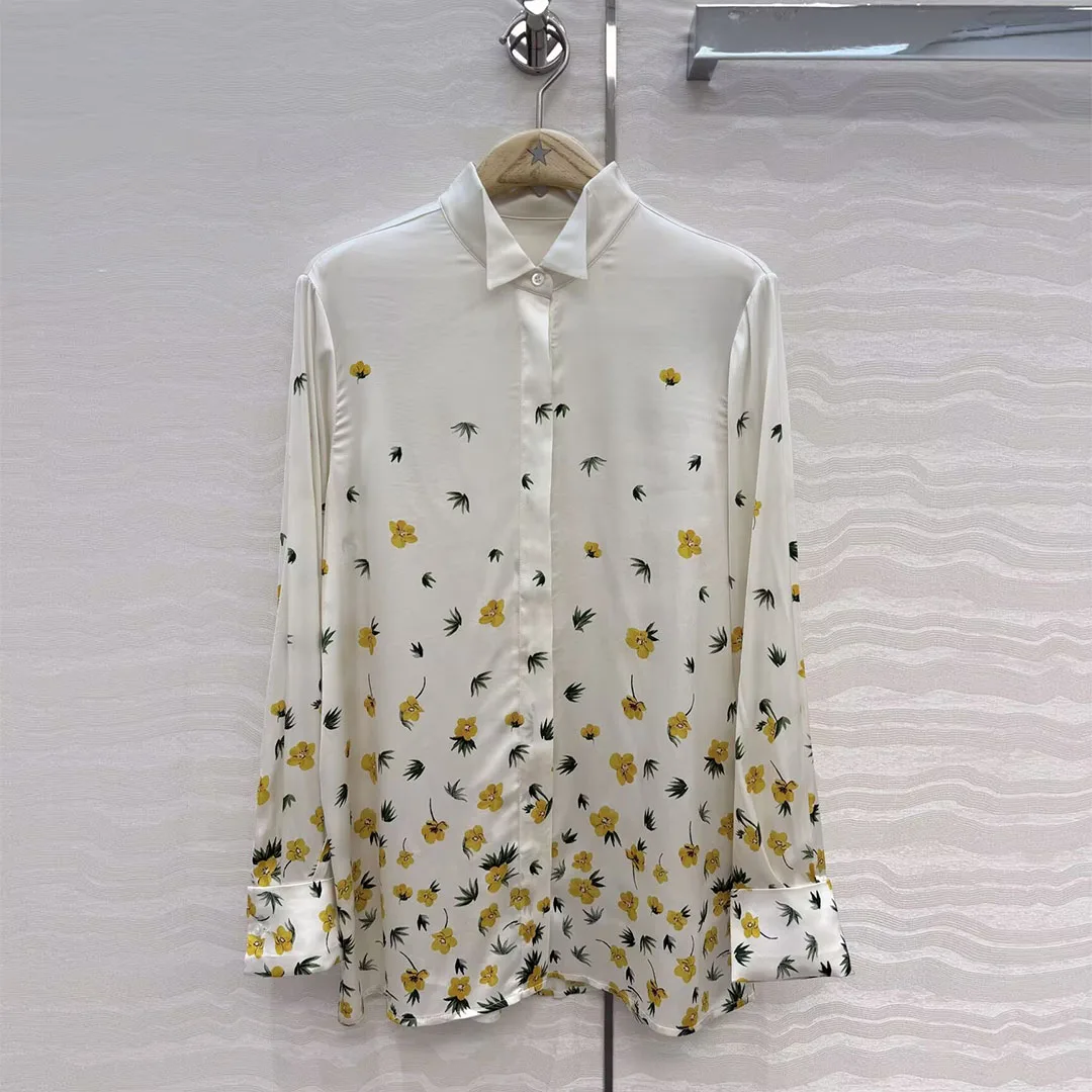 

Sweet Floral Print 91% Silk Satin Shirt Women Vintage Lapel Long Sleeve Single Breasted Loose Elegant Blouse