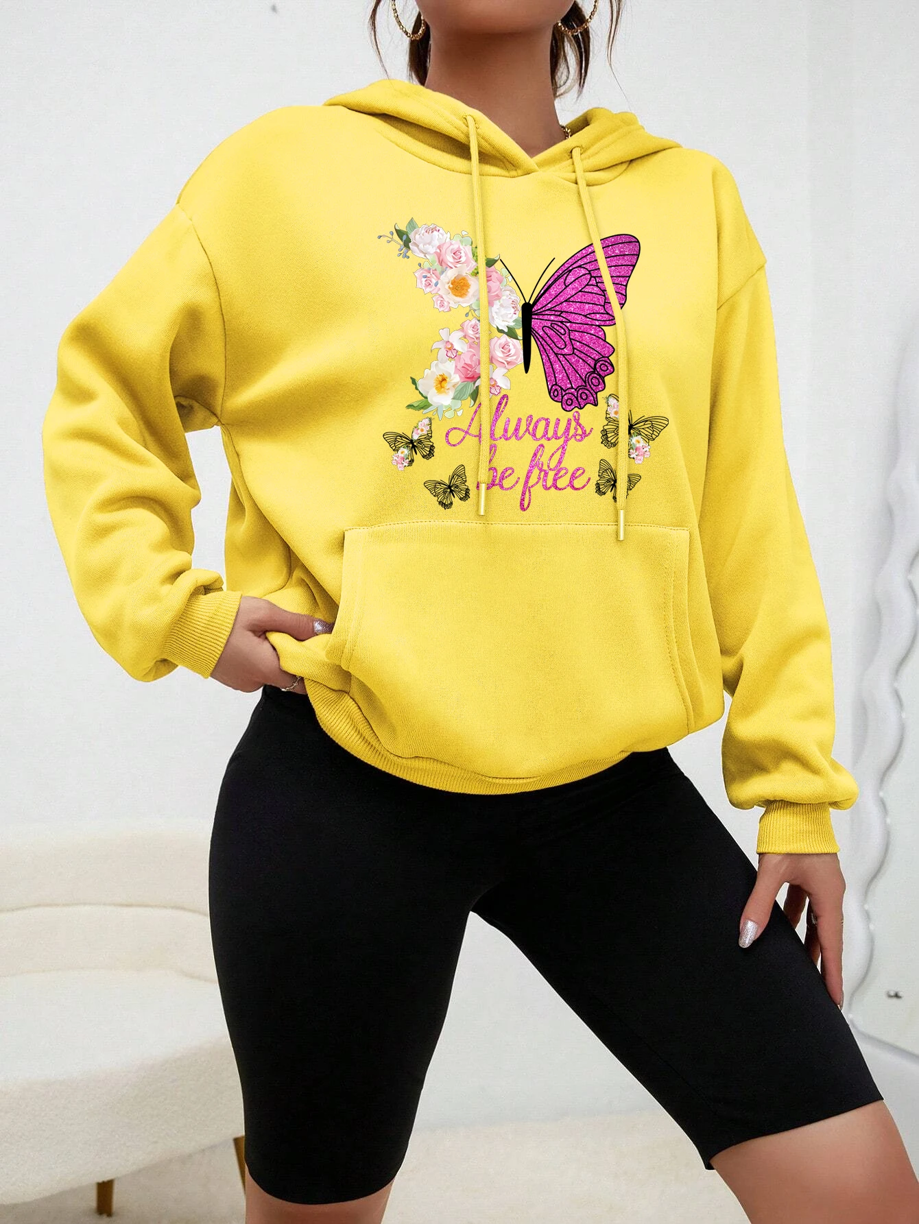 Cartoons Colorful Butterfly Creative Printed Women Hoodie Autumn Fashion Sportswear Vintage Fleece Pullover Pocket Clothing