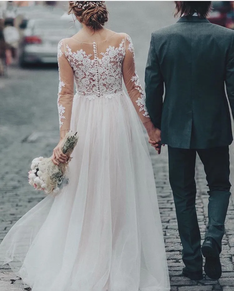 Vestidos de novia con apliques de encaje de tul Simple 2022, vestido de novia de manga larga festoneado hasta el suelo, línea A, botón cubierto único