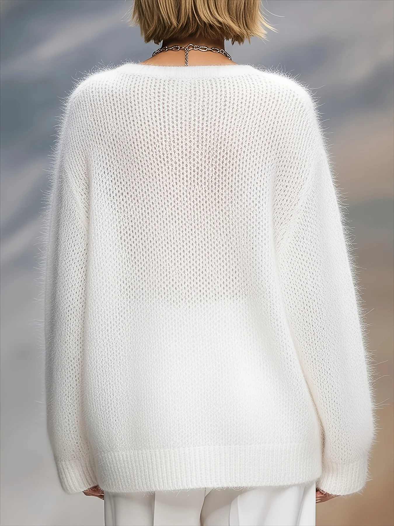 Damen-Strickoberteil in Übergröße, einfarbig, mit Rundhalsausschnitt, locker geschnitten, lässig und elegant, leicht zu kombinieren, ideal für Herbst und Winter. – Detail 2