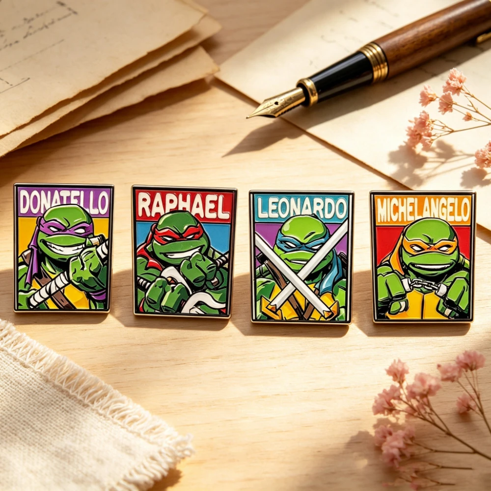 4Pcs Color Frame Ninja Turtle Brooch Set, Anime Hero Metal Lapel Pins, Badges for Clothes Bag, Creative Small Presents