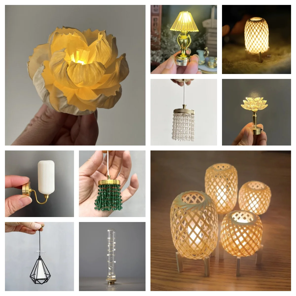 Handmade 1:6 Chinese Zen Miniature Lights: Bamboo Lantern, Lotus Lamp & Wall Sconce - Glowing BJD Dollhouse Decor