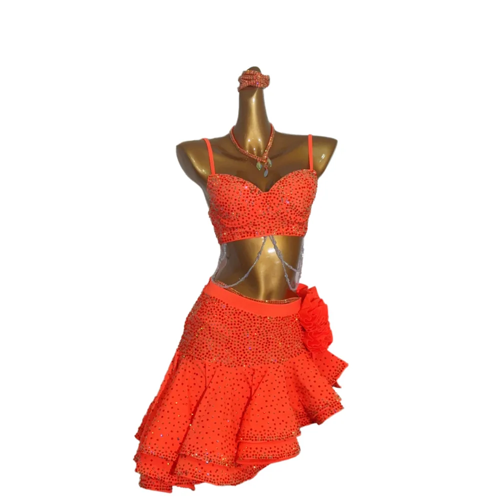 

Latin Dance AB Stone Female Adult Children High end Customized Orange Split Flower Dress Black Pool Samba Performance Dress