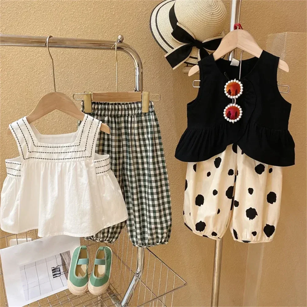 

kids clothes girls Fashion Black Shirt Beige Pants Summer Kids 2piece sets girls outfits Swhite Shirt Plaid Pants Girls Clothes