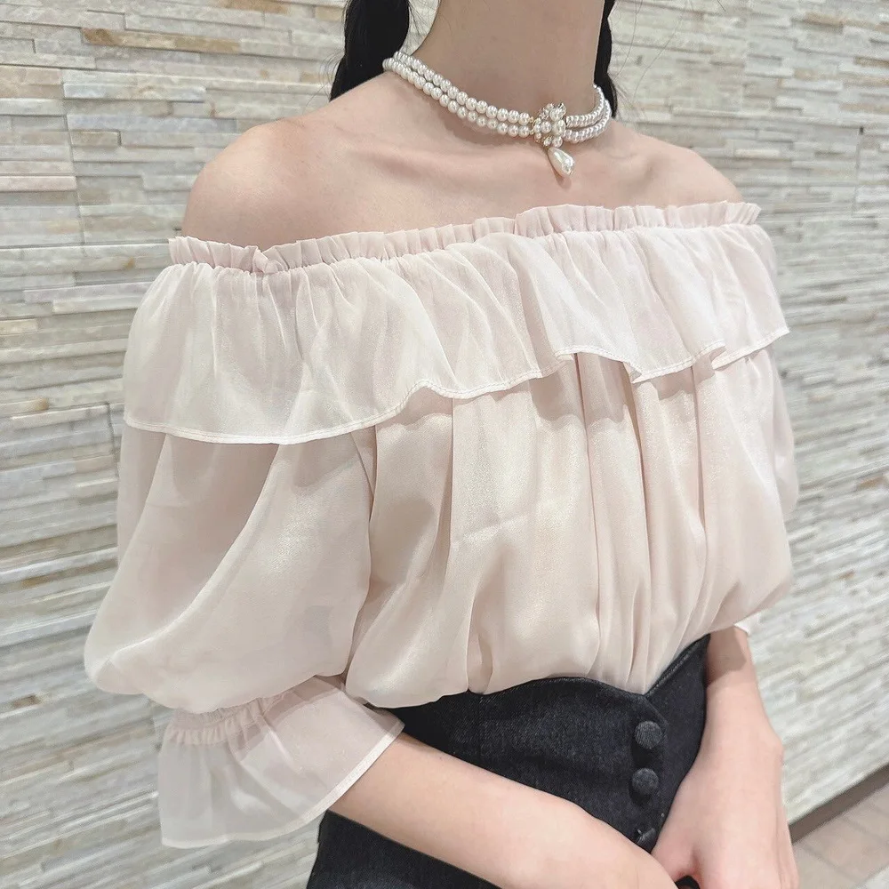 Elegante blusa perolada de tule chiffon, fungo plissado com borda plissada, cor pura, top solto para senhoras, japonês, novo, primavera, verão