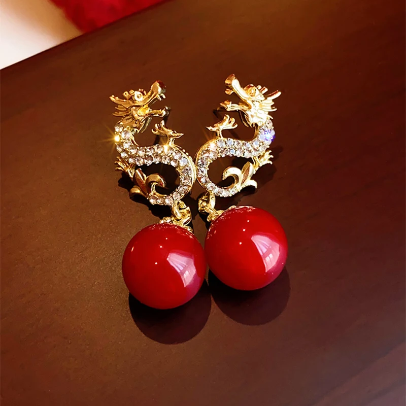 Rhinestone New Chinese Dragon Earrings for Women Temperament Pearl Drop Earring 2024 New Year Festive New Year Dragon Jewelry