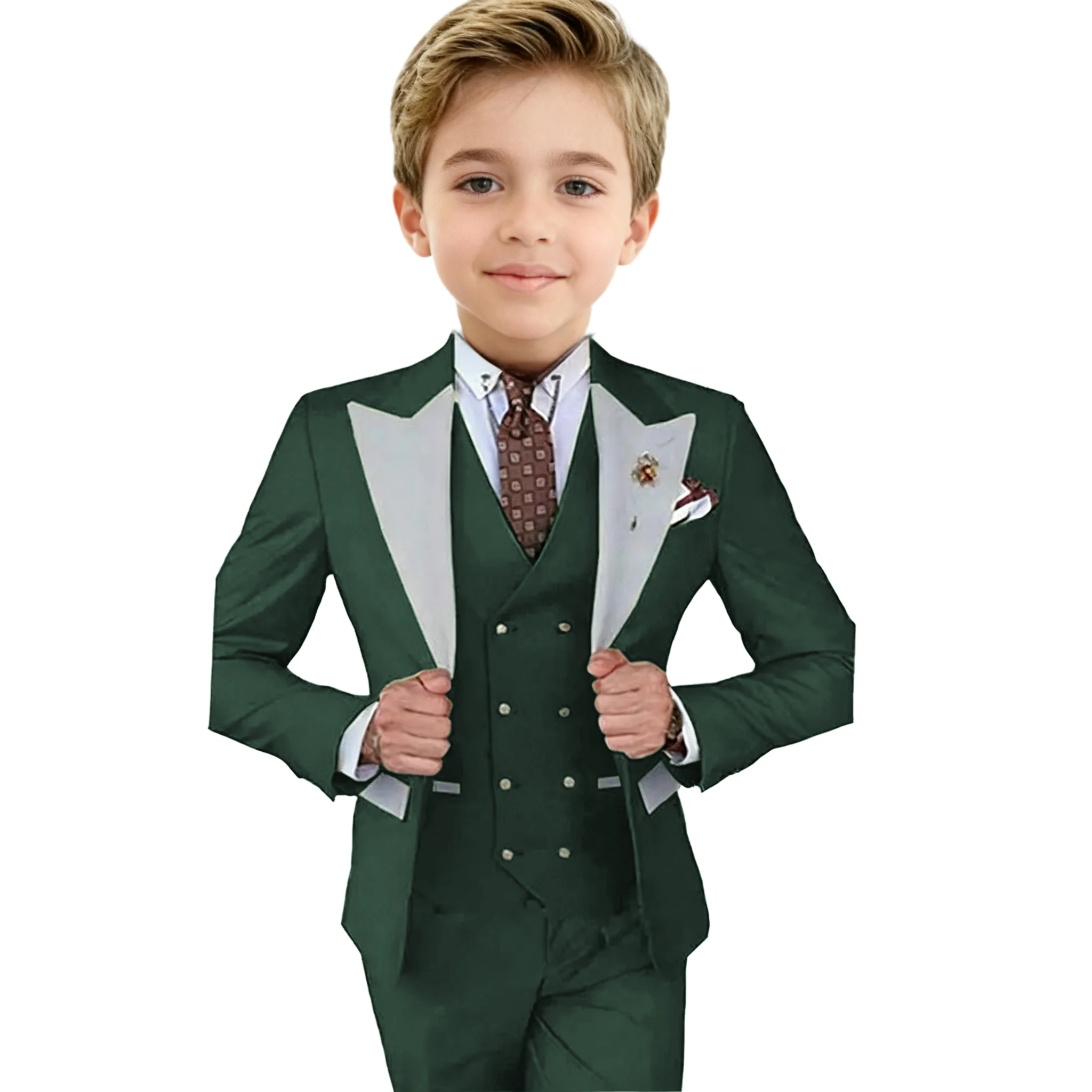 

Suits For Boy Birthday Jacket Vest Pants 3 Pieces Dark Green Costume Flower Boys Formal Party Suit Kids Wedding Suit Tuxedo